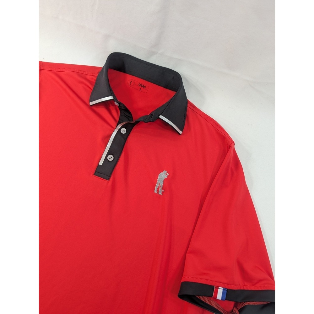 USAG U SUCK‎ AT GOLF Mens L Red Black Short Sleeve Stretch Golf Polo Shirt EXC